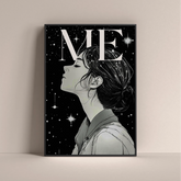 Dripster poster featuring a black and white illustration of a woman looking upward with stars and the word ME